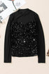Sequin Embellished Velvet And Sheer Mesh Mock Neck Blouse