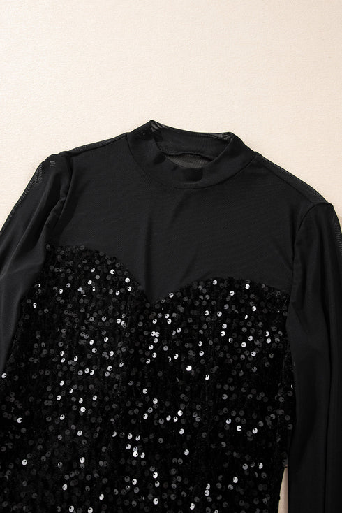 Sequin Embellished Velvet And Sheer Mesh Mock Neck Blouse