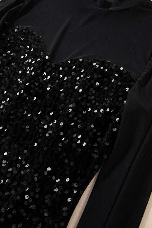 Sequin Embellished Velvet And Sheer Mesh Mock Neck Blouse
