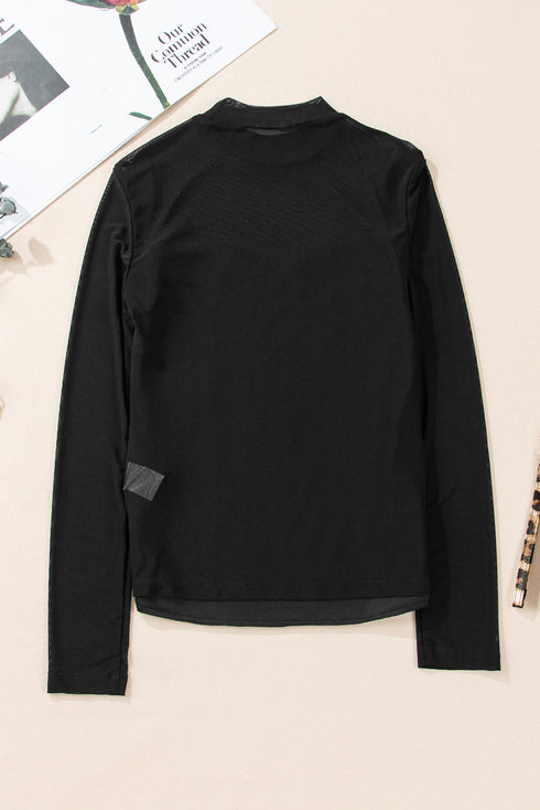 Sequin Embellished Velvet And Sheer Mesh Mock Neck Blouse