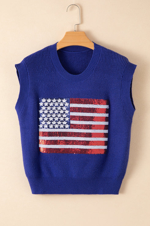 Sequin Flag Graphic Crew Neck Knit Sweater Vest