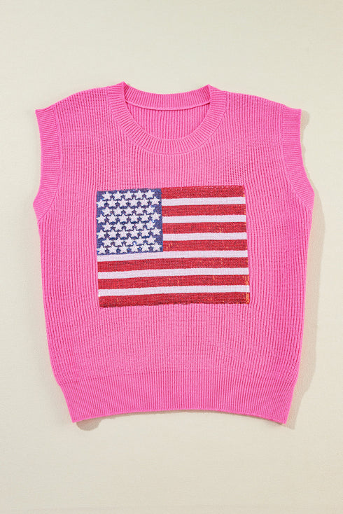 Sequin Flag Graphic Crew Neck Knit Sweater Vest