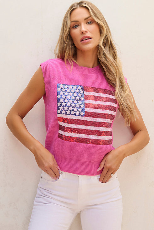 Sequin Flag Graphic Crew Neck Knit Sweater Vest
