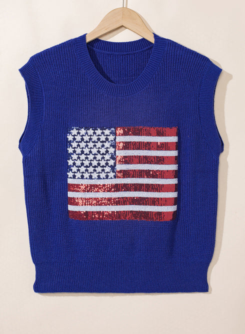 Sequin Flag Graphic Crew Neck Knit Sweater Vest