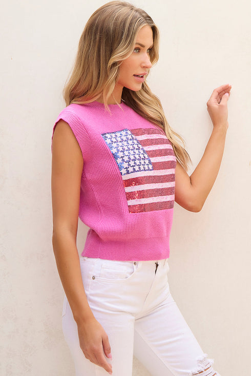 Sequin Flag Graphic Crew Neck Knit Sweater Vest