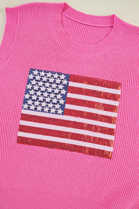 Sequin Flag Graphic Crew Neck Knit Sweater Vest
