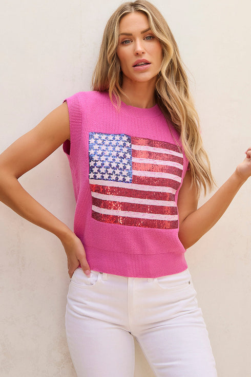 Sequin Flag Graphic Crew Neck Knit Sweater Vest