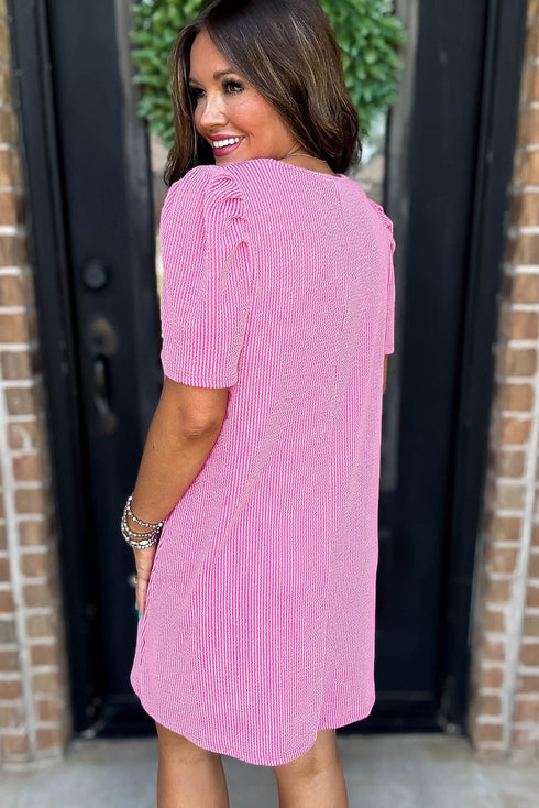 Sequin Flag Pattern Bow Puff Sleeve Ribbed Graphic Dress