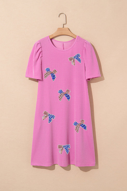 Sequin Flag Pattern Bow Puff Sleeve Ribbed Graphic Dress