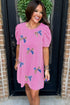 Sequin Flag Pattern Bow Puff Sleeve Ribbed Graphic Dress