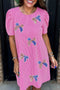 Sequin Flag Pattern Bow Puff Sleeve Ribbed Graphic Dress