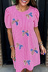 Sequin Flag Pattern Bow Puff Sleeve Ribbed Graphic Dress