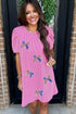 Sequin Flag Pattern Bow Puff Sleeve Ribbed Graphic Dress