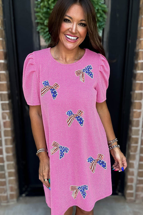 Sequin Flag Pattern Bow Puff Sleeve Ribbed Graphic Dress