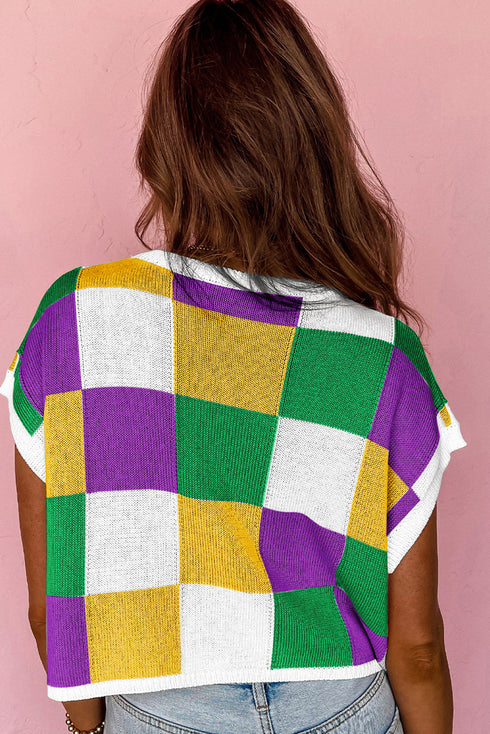 Sequin Fleur De Lis Checkerboard Short Sleeve Knit Top