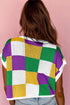 Sequin Fleur De Lis Checkerboard Short Sleeve Knit Top
