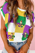 Sequin Fleur De Lis Checkerboard Short Sleeve Knit Top