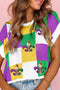 Sequin Fleur De Lis Checkerboard Short Sleeve Knit Top