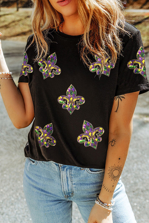 Sequin Fleur De Lis Graphic Short Sleeve Tee