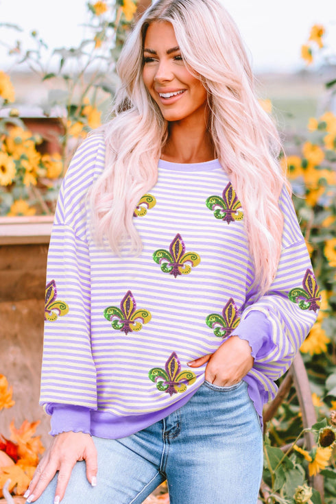 Sequin Fleur De Lis Patchwork Long Sleeve Top