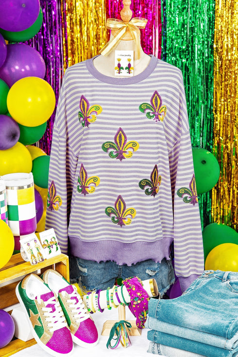Sequin Fleur De Lis Patchwork Long Sleeve Top