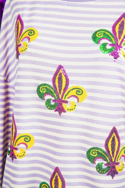 Sequin Fleur De Lis Patchwork Long Sleeve Top