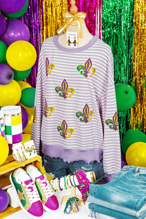 Sequin Fleur De Lis Patchwork Long Sleeve Top