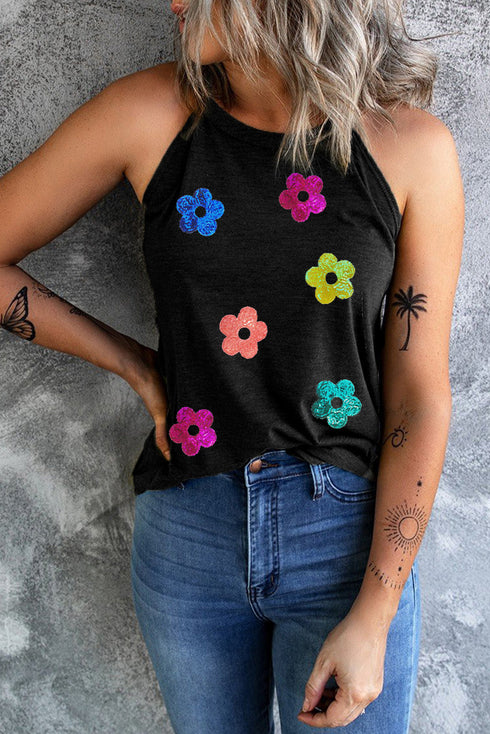 Sequin Floral Patch High Neck Sleeveless Tank Top