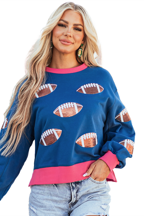 Sequin Football Patch Crew Neck Split Hem Pullover