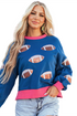 Sequin Football Patch Crew Neck Split Hem Pullover