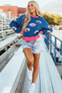 Sequin Football Patch Crew Neck Split Hem Pullover