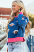 Sequin Football Patch Crew Neck Split Hem Pullover