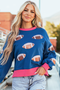 Sequin Football Patch Crew Neck Split Hem Pullover