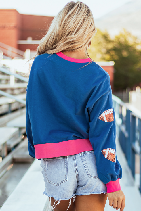 Sequin Football Patch Crew Neck Split Hem Pullover