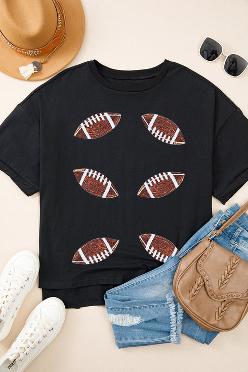Sequin Football Patch Loose Fit Crewneck Graphic Tee