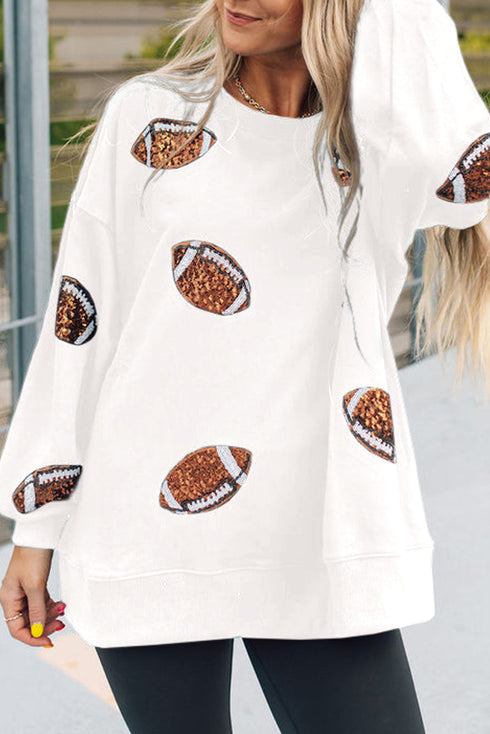 Sequin Football Patch Oversized Crewneck Pullover Sweatshirt