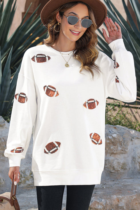 Sequin Football Patch Oversized Crewneck Pullover Sweatshirt