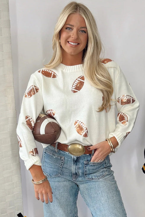 Sequin Football Print Round Neck Loose Fit Sweater
