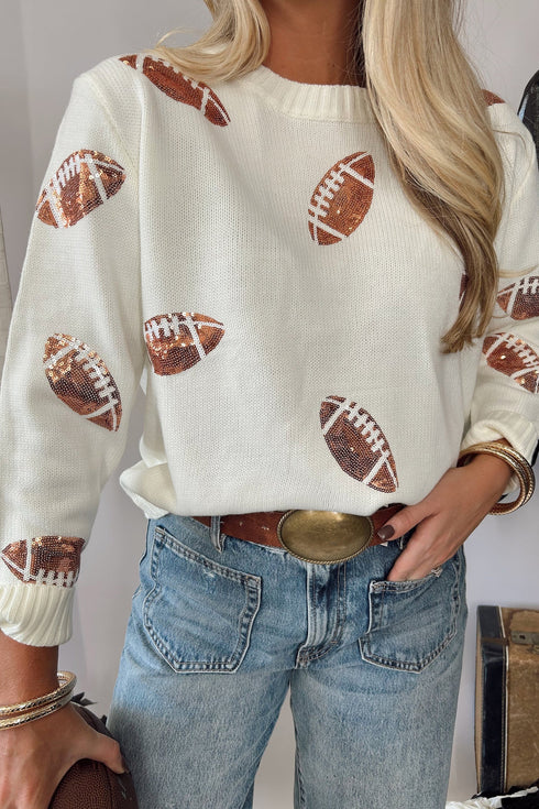 Sequin Football Print Round Neck Loose Fit Sweater