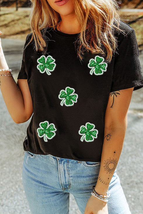 Sequin Four Leaf Clover Graphic Crewneck Tee