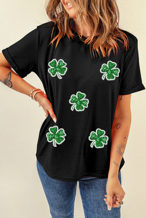 Sequin Four Leaf Clover Graphic Crewneck Tee