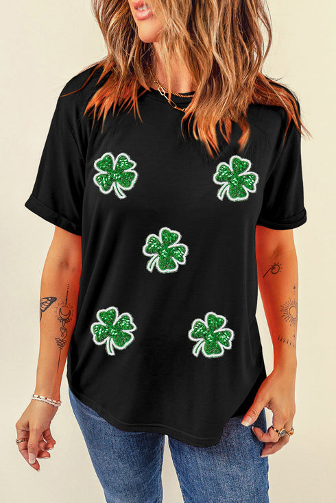 Sequin Four Leaf Clover Graphic Crewneck Tee