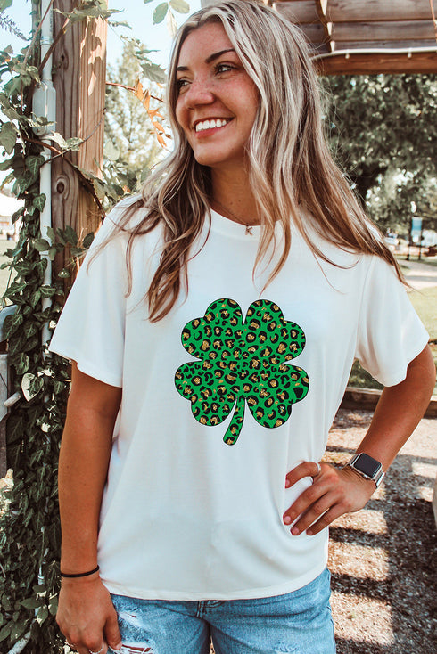 Sequin Four Leaf Clover Leopard Print Graphic Tee