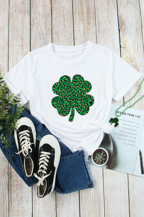 Sequin Four Leaf Clover Leopard Print Graphic Tee