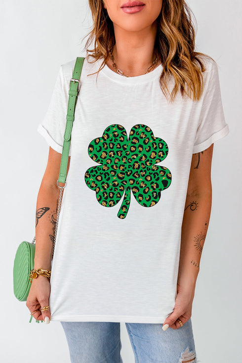 Sequin Four Leaf Clover Leopard Print Graphic Tee