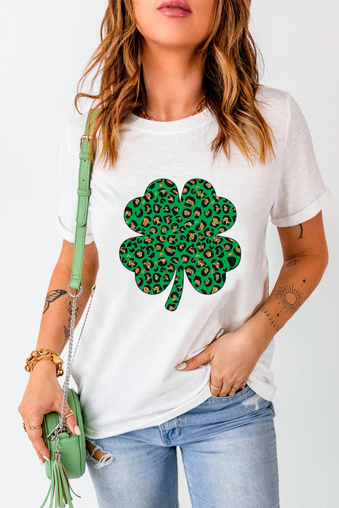 Sequin Four Leaf Clover Leopard Print Graphic Tee