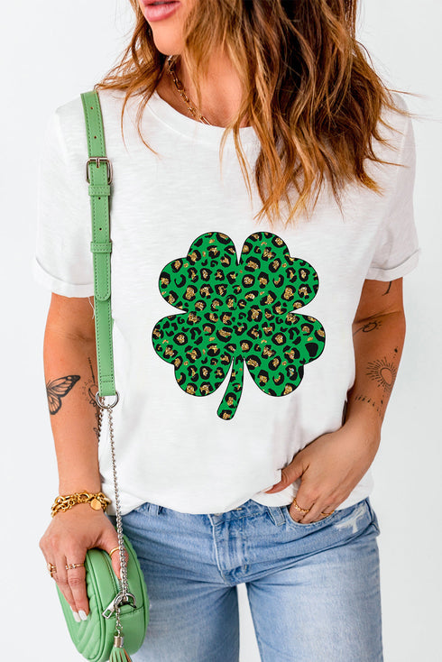 Sequin Four Leaf Clover Leopard Print Graphic Tee