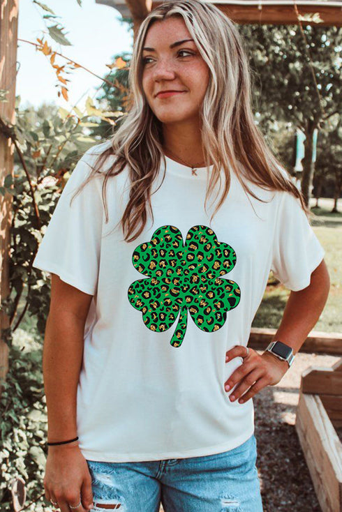 Sequin Four Leaf Clover Leopard Print Graphic Tee