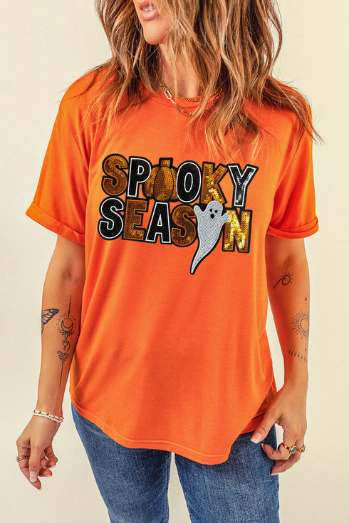 Sequin Ghost Graphic Round Neck Short Sleeve Tee