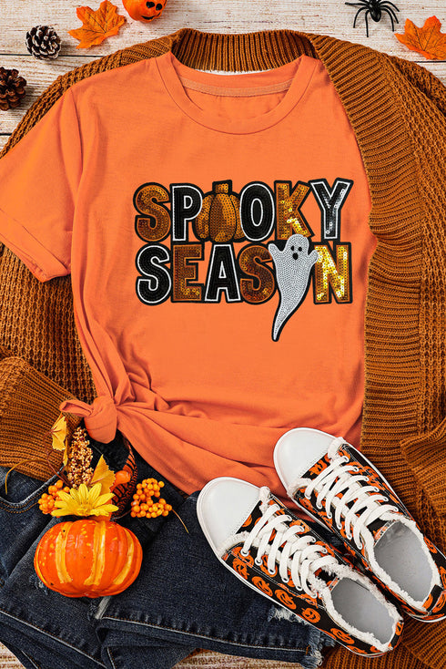 Sequin Ghost Graphic Round Neck Short Sleeve Tee